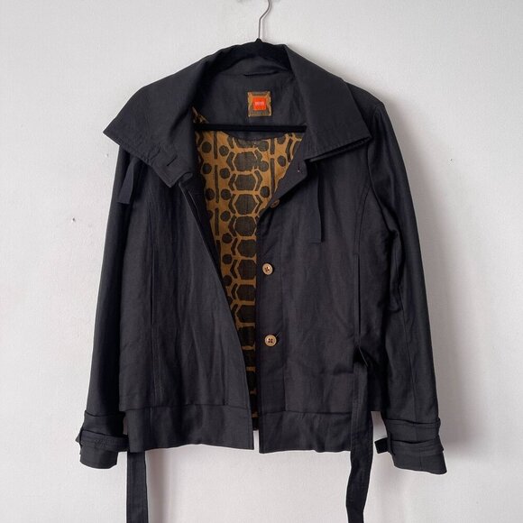 Hugo Boss Black Linen Belted Jacket Blazer Animal Print Lining Size 8 Wrap Back - Picture 2 of 16